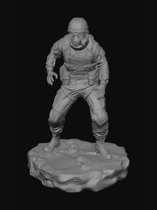 3D model for crea la imagen de un soldado, con uniforme camuflado,equipo, y gasfas. parado sobre una roca