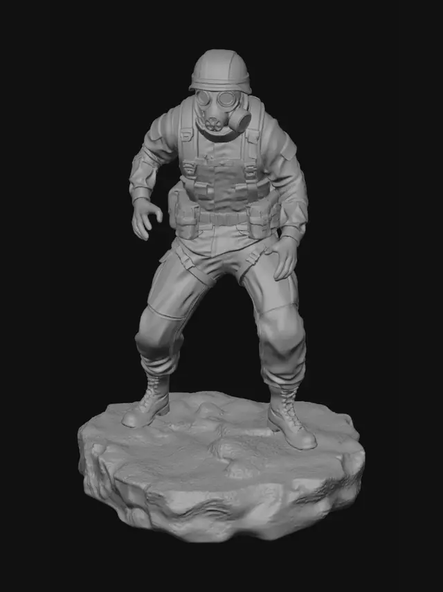 3D model for crea la imagen de un soldado, con uniforme camuflado,equipo, y gasfas. parado sobre una roca