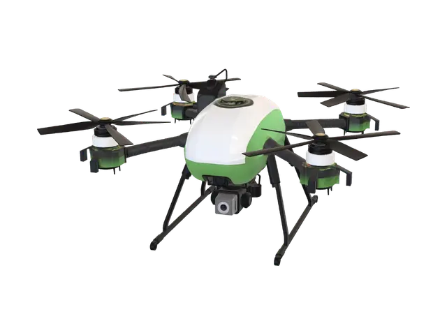 3D model for A modern agricultural spraying drone, quadcopter design, professional smart farming technology, large central body with liquid pesticide tank under the frame, four long carbon fiber arms, visible motor mounts at the end of each arm, no propellers attached, landing gear legs, small front camera sensor, spray nozzles under the arms, realistic mechanical details, green and white color scheme, clean hard surface 3D model, game-ready asset, suitable for Unity AR.

Avoid propellers attached, human, pilot, text, logo, background scene, blurry parts, broken geometry, distorted shape, cartoon style, toy-like style, messy topology.