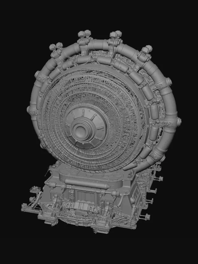 3D model for Colossal underground industrial-fantasy “Mesh Core Reactor” generating imagination into reality. Massive glowing topology sphere made of shifting wireframe geometry, polygon meshes, triangles and quads floating at the center. Giant rotating mechanical rings, hydraulic systems, robotic fabrication arms, turbines, cooling pipes, heavy steel structures and holographic mesh projections surround the core. Cinematic underground forge-cathedral with sparks, smoke, volumetric lighting, cyan energy glow and orange forge light. Procedural geometry fragments and partially generated objects emerging from the reactor. Hyper-detailed, believable engineering, Unreal Engine cinematic style, ultra atmospheric, epic scale, dark sci-fi industrial fantasy.