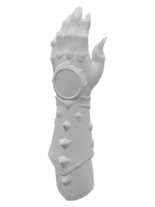 3D model for a silver gauntlet with gold rings.  and a big circular stone that's got a flaming eye on it. the eye is orange, with streaks of black. , #PBR#