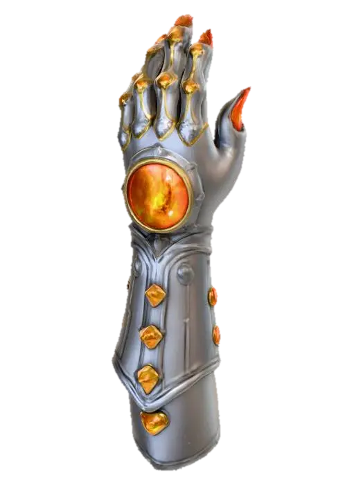 3D model for a silver gauntlet with gold rings.  and a big circular stone that's got a flaming eye on it. the eye is orange, with streaks of black. , #PBR#