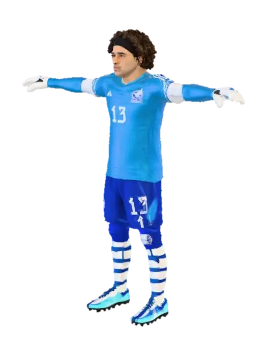Goalkeeper in T pose. Wearing a soccer uniform with the number 13. - Pared 3D model, vytvořený pomocí AI