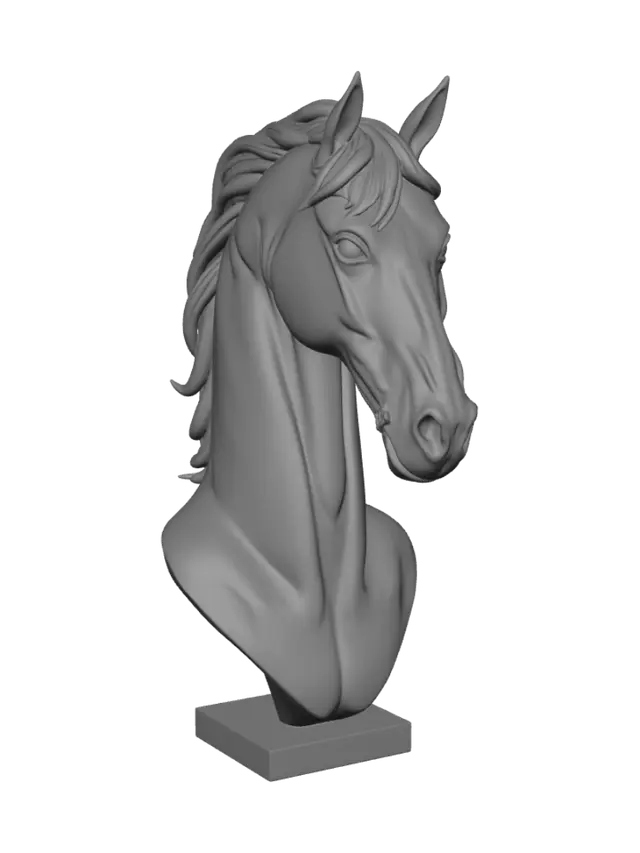 3D model for Majestic horse bust sculpture, highly detailed anatomy, muscular neck, detailed mane flowing slightly, realistic horse head, smooth surface topology, digital sculpture, 3D printable model, solid base included, clay render style, 8k resolution, photorealistic textures, clean mesh, no overlapping geometry