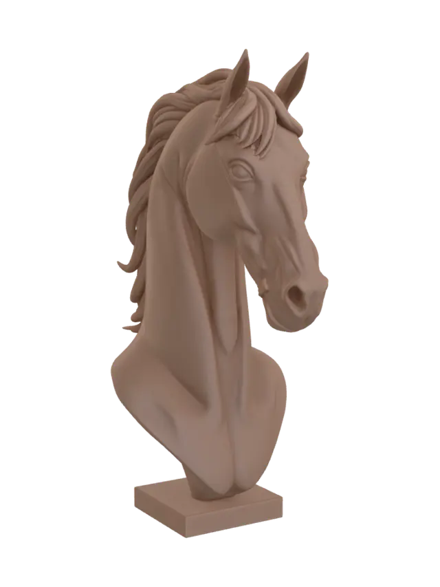 3D model for Majestic horse bust sculpture, highly detailed anatomy, muscular neck, detailed mane flowing slightly, realistic horse head, smooth surface topology, digital sculpture, 3D printable model, solid base included, clay render style, 8k resolution, photorealistic textures, clean mesh, no overlapping geometry