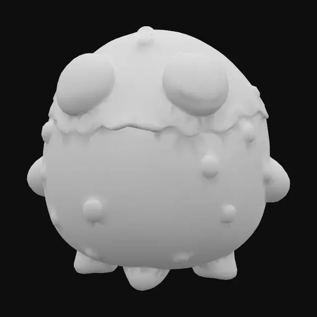 3D model for Stylized sponge monster blob, rounded cube-like form, soft squishy look, eyes floating cartoonishly, pastel pink/green colors, casual mobile game style, mid-poly mesh, game-ready