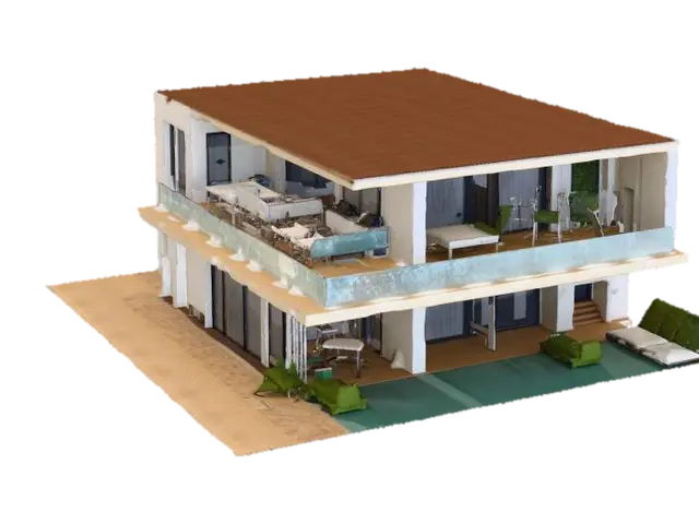 "Create a modern beach house in a minimalist style with large windows offering a view… - Pool 3D model, vytvořený pomocí AI