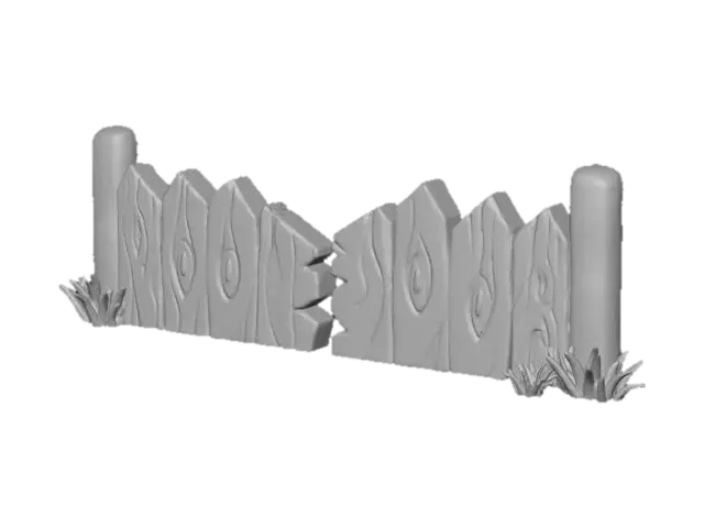 3D model for "Create a stylized broken wooden fence in the visual style of the Nintendo 3DS Pokémon games (Pokémon X/Y, Omega Ruby/Alpha Sapphire). The fence should have simple, rounded wooden planks with soft edges, some cracked or missing pieces, and slightly tilted or uneven posts to show damage. Use clean hand-painted textures, subtle shading, pastel color tones, and smooth gradients typical for 3DS Pokémon overworld assets. Keep the geometry low-poly, cartoony, and appealing. Use diffuse texture only, no realistic materials. The model should look like it belongs in a Pokémon 3DS environment."