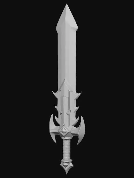 3D model for "Create a red and black sword with fiery effects, inspired by the blocky art style of Minecraft or Hytale. The sword should look chunky and angular, with a geometric shape typical for block models. The handle should be black, while the blade is a vivid red with black details or veins. Fiery effects should appear around the blade, glowing in orange and yellow. The entire model should be made in a 3D block-style, similar to Blockbench, matching the aesthetic of Minecraft or Hytale."