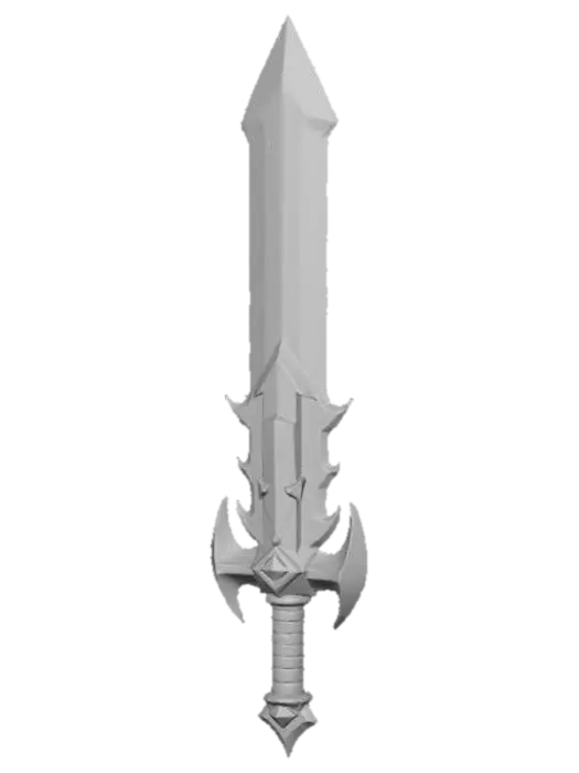 3D model for "Create a red and black sword with fiery effects, inspired by the blocky art style of Minecraft or Hytale. The sword should look chunky and angular, with a geometric shape typical for block models. The handle should be black, while the blade is a vivid red with black details or veins. Fiery effects should appear around the blade, glowing in orange and yellow. The entire model should be made in a 3D block-style, similar to Blockbench, matching the aesthetic of Minecraft or Hytale."