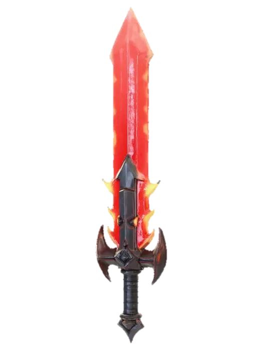 3D model for "Create a red and black sword with fiery effects, inspired by the blocky art style of Minecraft or Hytale. The sword should look chunky and angular, with a geometric shape typical for block models. The handle should be black, while the blade is a vivid red with black details or veins. Fiery effects should appear around the blade, glowing in orange and yellow. The entire model should be made in a 3D block-style, similar to Blockbench, matching the aesthetic of Minecraft or Hytale."