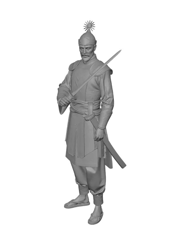 3D model for Ngo Quyen, Vietnamese ancient general, standing on a river battlefield at dawn.
Wearing traditional Vietnamese warrior clothing, minimal armor, Dong Son patterns, dark blue and bronze tones.
Holding sword or pointing forward, commanding troops.
Background: Bach Dang river, wooden stakes hidden in water, enemy ships approaching, mist, dramatic sky.
Water reflections, strategic atmosphere.
Vietnamese style, no Chinese armor.