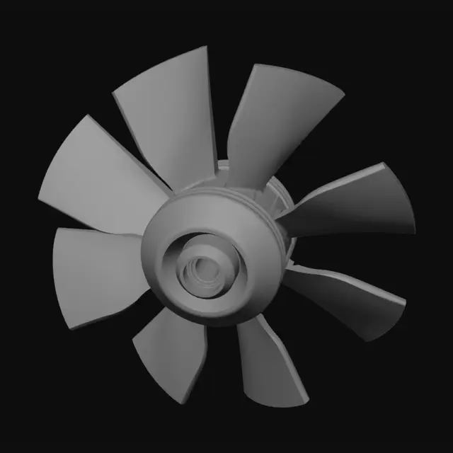 3D model for Erzeuge NUR den Rotor eines druckoptimierten axialen Ventilators: 6 aerodynamische Blätter + einfache runde Nabe, keine Motor- oder Gehäuseteile. Normierter Radius R=1. Sehnenlängen c/R: 0,32 bei r/R=0,2; 0,24 bei 0,4; 0,17 bei 0,6; 0,10 bei 0,8; 0,055 bei 0,95. Verwindung β: 46°, 34°, 24°, 15°, 9° an denselben Punkten. Tragflächenprofil, abgerundete Vorderkante, scharfe Hinterkante. Glatte, geschlossene 3D-Geometrie ohne Texturen.