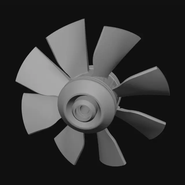 3D model for Erzeuge NUR den Rotor eines druckoptimierten axialen Ventilators: 6 aerodynamische Blätter + einfache runde Nabe, keine Motor- oder Gehäuseteile. Normierter Radius R=1. Sehnenlängen c/R: 0,32 bei r/R=0,2; 0,24 bei 0,4; 0,17 bei 0,6; 0,10 bei 0,8; 0,055 bei 0,95. Verwindung β: 46°, 34°, 24°, 15°, 9° an denselben Punkten. Tragflächenprofil, abgerundete Vorderkante, scharfe Hinterkante. Glatte, geschlossene 3D-Geometrie ohne Texturen.