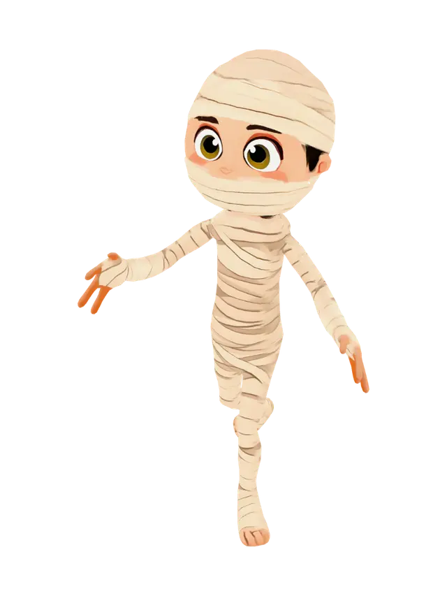 3D model for Cute cartoon mummy character, same slim humanoid body proportions 
as a lanky adult figure — NOT chibi, NOT dwarf-like, long slender 
arms and legs, head only slightly oversized (oval-shaped, not a 
round ball), loose linen bandages wrapped around entire body and 
head with a few trailing loose ends, painterly cartoon shading, 
sandy beige and off-white bandage tones, expressive big round eyes 
fully visible above bandage wrap, friendly not scary, no gore, 
T-Pose, low poly game character