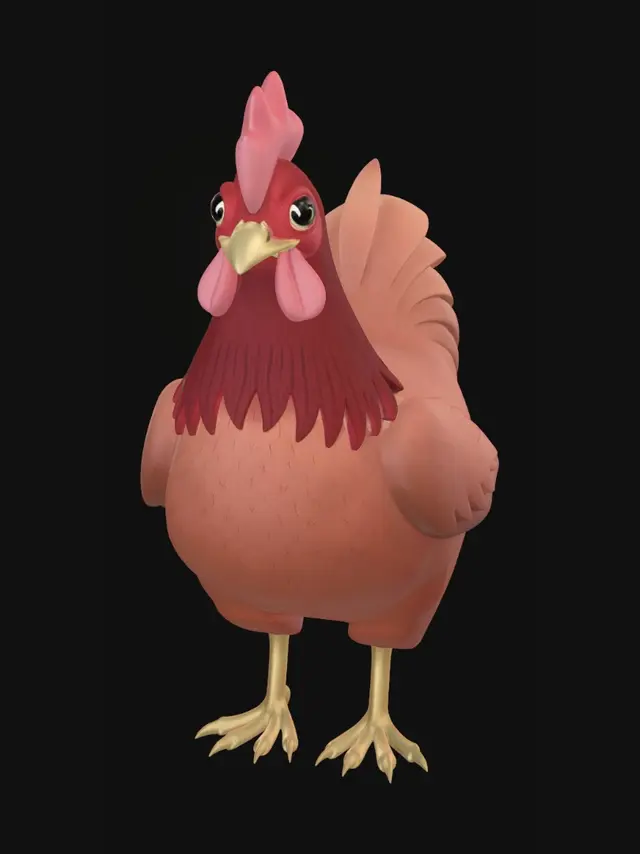3D model for Stylized chicken, deep reddish-brown feathers, plump body, small red comb, low-poly game asset