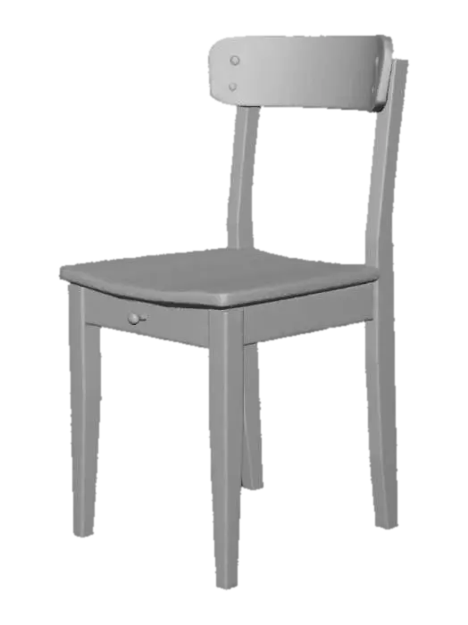 3D model for A 3D model of a simple, worn wooden study chair from a 19th-century Paris laboratory. The wood is dark, heavily aged, and distressed, with scratches, scuffs, and a faded patina. It has a straight back and sturdy, slightly splayed legs. No upholstery, just bare, utilitarian wood.