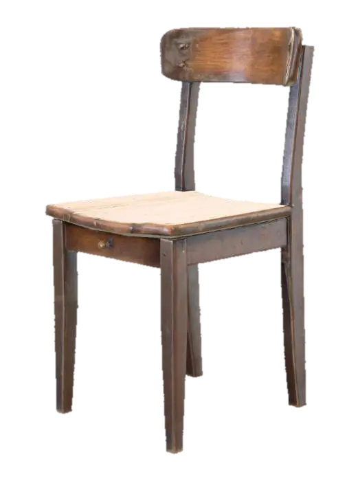 3D model for A 3D model of a simple, worn wooden study chair from a 19th-century Paris laboratory. The wood is dark, heavily aged, and distressed, with scratches, scuffs, and a faded patina. It has a straight back and sturdy, slightly splayed legs. No upholstery, just bare, utilitarian wood.
