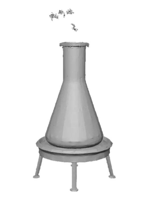 3D model for lass Erlenmeyer flask with glowing green liquid, subtle bubbling particle VFX, metal tripod + Bunsen burner, early 1930s design, high-poly + PBR.