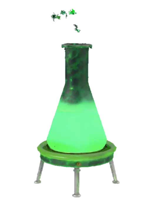 3D model for lass Erlenmeyer flask with glowing green liquid, subtle bubbling particle VFX, metal tripod + Bunsen burner, early 1930s design, high-poly + PBR.