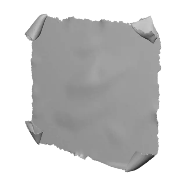 3D model for Single aged paper sheet on table, slightly curled corners, yellowed surface, French text faintly visible. Ink stains and small tear. PBR texture: roughness 0.8, opacity 1.0, AO baked.
