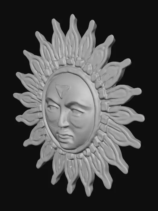 3D model for Aztec Sun wall decor with a face in the middle of the sun. The face should be raised with a neutral facial expression. I would like the face to have look similar to like its made from rope with the contours. I would like the retinas of the eyes to be recessed and the pupils standing out, making the eyes have depth. I would also like the rays of the sun to be wavey and also have contours that are rope like.