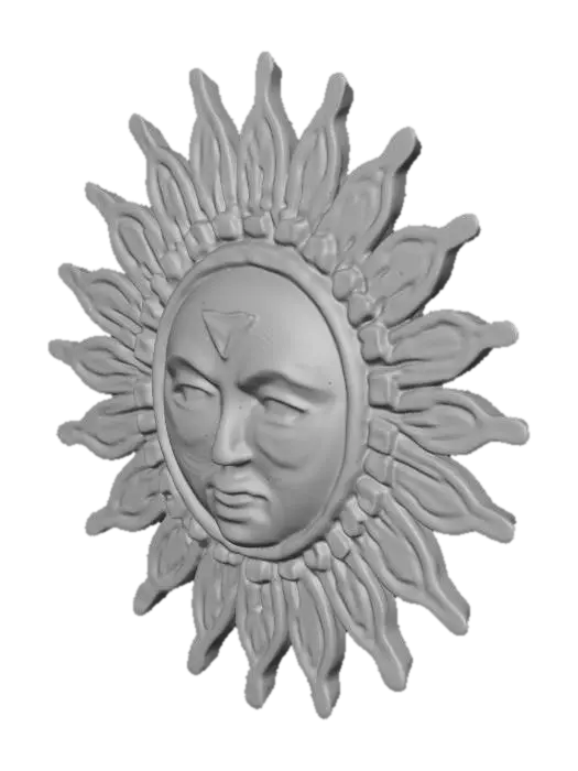 3D model for Aztec Sun wall decor with a face in the middle of the sun. The face should be raised with a neutral facial expression.  I would like the face to have look similar to like its made from rope with the contours. I would like the retinas of the eyes to be recessed and the pupils standing out, making the eyes have depth. I would also like the rays of the sun to be wavey and also have contours that are rope like.