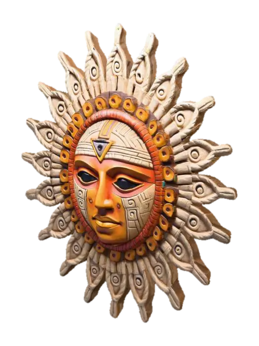 3D model for Aztec Sun wall decor with a face in the middle of the sun. The face should be raised with a neutral facial expression.  I would like the face to have look similar to like its made from rope with the contours. I would like the retinas of the eyes to be recessed and the pupils standing out, making the eyes have depth. I would also like the rays of the sun to be wavey and also have contours that are rope like.