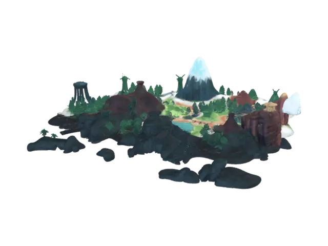 3D model for Generate a detailed, stylized fantasy island with multiple biomes and structures, under a cosmic sky. Suggestion: For better 3D results, ensure a clear separation between the island and the background elements, and consider a consistent light source. This needs to be wide but not too wide for non gaming, this asset will be for unreal engine 3d