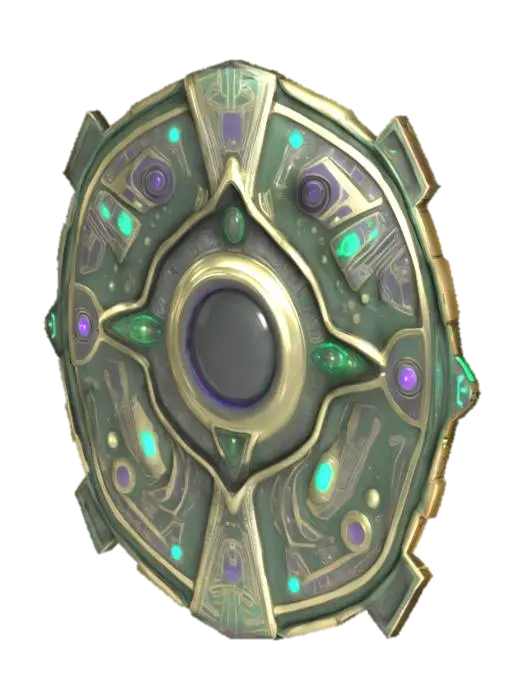 3D model for An alien artifact gadget designed to be attached to a spaceship—a universal translator. It should look distinctly alien, with asymmetrical metallic structures, smooth curves, and intricate engravings in unknown scripts. Parts of it softly glow with pulsating, non-terrestrial colors like cyan, violet, and emerald green. Despite the glow, the object should appear aged and weathered, with scratches, dents, and oxidized patches, as if discovered after centuries buried. Its form should suggest a mix of ancient tech and mysterious power. #game item# #sci-fi# #alien relic#