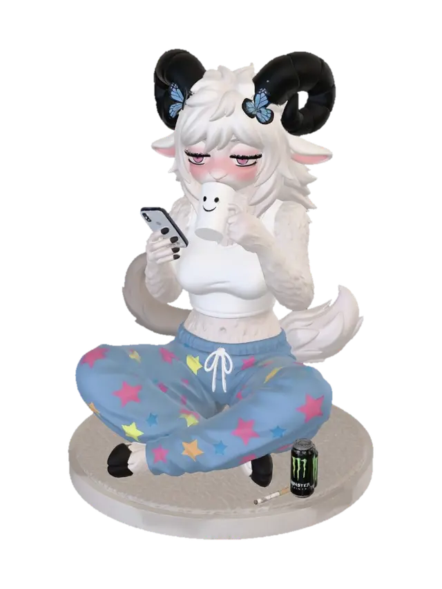 Butterfly-Horned Ram in Pajamas Sipping Morning Brew - Rumie 3D model, vytvořený pomocí AI