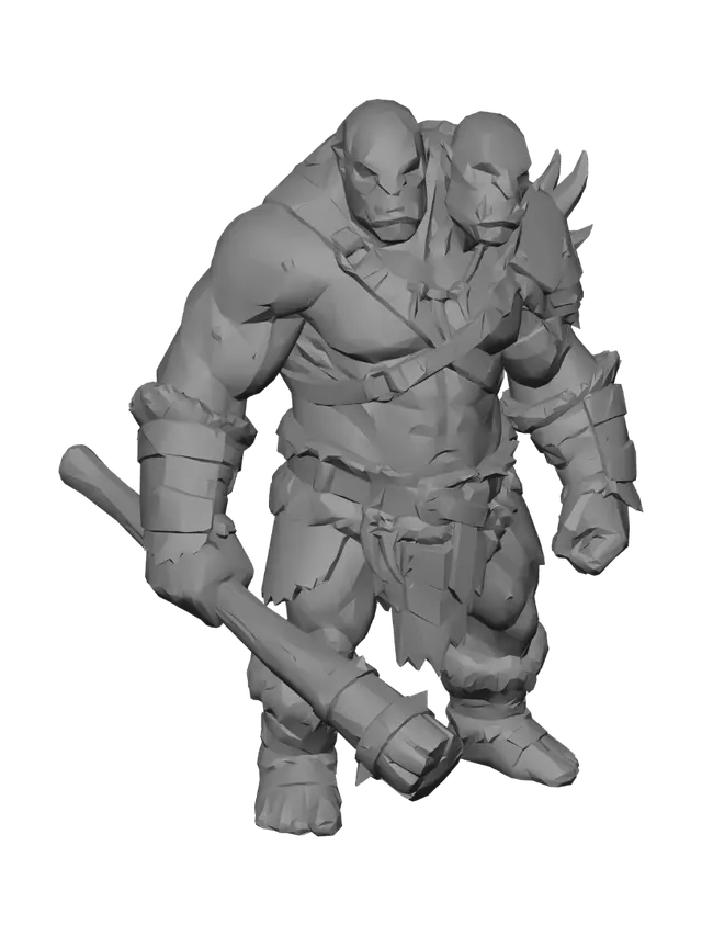 3D model for Stylized fantasy troll, big hulking two-headed brute, muscular hunched body,
thick grey-green skin, wielding a massive crude wooden club, tusks, angry
expression, primitive stone-age loincloth, part of a monster horde, low-poly
stylized game art, clean topology, humanoid A-pose, full body.