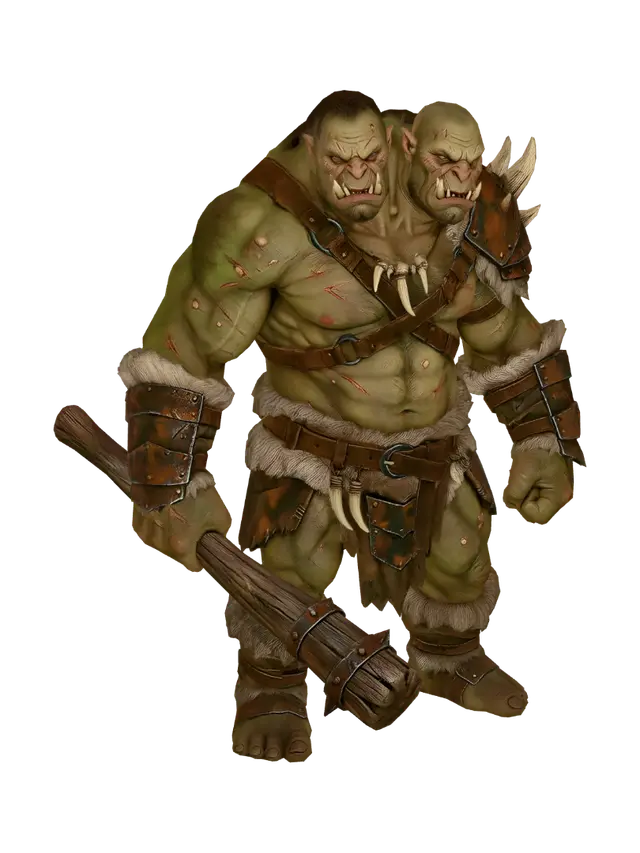 3D model for Stylized fantasy troll, big hulking two-headed brute, muscular hunched body,
thick grey-green skin, wielding a massive crude wooden club, tusks, angry
expression, primitive stone-age loincloth, part of a monster horde, low-poly
stylized game art, clean topology, humanoid A-pose, full body.