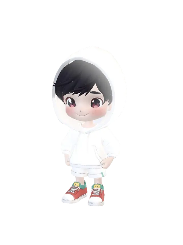 3D model for a cute chibi animate boy with black hair and a white hoodie and a kawai face and he is blushing
