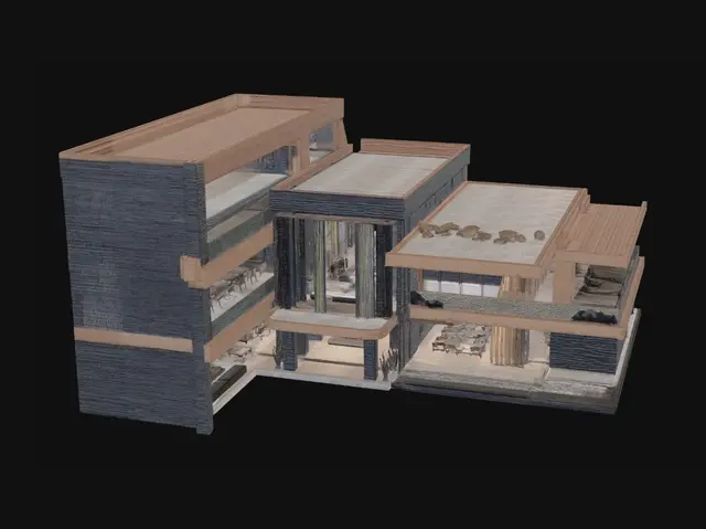 3D model for Create an ultra-premium contemporary luxury villa for a cinematic real estate experience. Inspired by SAOTA, Studio MK27, Aman Resorts, and Four Seasons Private Residences. Features: dramatic cantilever volumes, double-height entrance, floor-to-ceiling glass, floating roof planes, exposed architectural concrete, dark natural stone, warm teak wood, bronze detailing, infinity-edge pool, terraces, landscaped pathways, and luxury outdoor lounge areas. Architectural Digest quality. Realistic proportions, high-end materials, strong silhouette, photorealistic architectural visualization. No people, cars, text, sci-fi, cyberpunk, floating cubes, placeholder boxes, low-poly style, cartoon look, suburban houses, or generic modern homes. Luxury ₹20–100 crore residence.