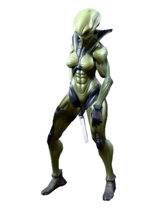 3D model for um alienigena feminina; seu corpo é robusto, musculoso e detalhado; veste um uniforme militar alienígena; em A pose; armada com uma faca pequena  na mão direita; as mãos meio distantes do corpo; arte para jogo mobile