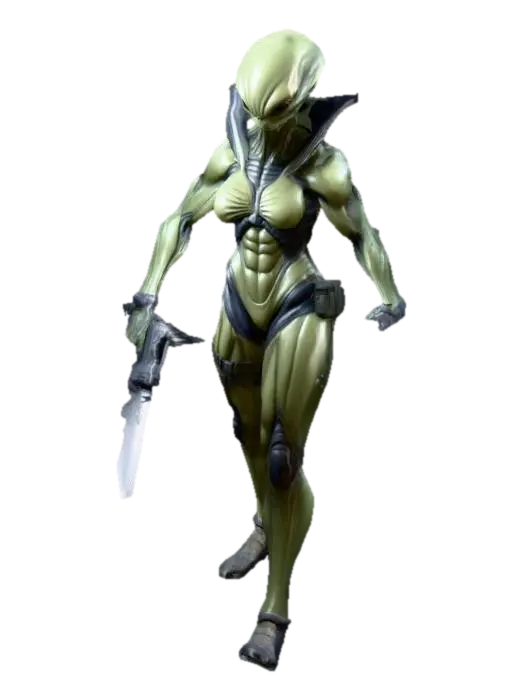 3D model for um alienigena feminina; seu corpo é robusto, musculoso e detalhado; veste um uniforme militar alienígena; em A pose; armada com uma faca pequena  na mão direita; as mãos meio distantes do corpo; arte para jogo mobile