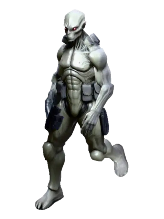 3D model for um alienigena masculino gray; o corpo  robusto, detalhado; veste um uniforme de combate; em A pose;  armado com uma rifle laser mediano  na mão esquerda; as mãos meio distantes do corpo;  estilo ultra realista; arte para jogo de computador mobile