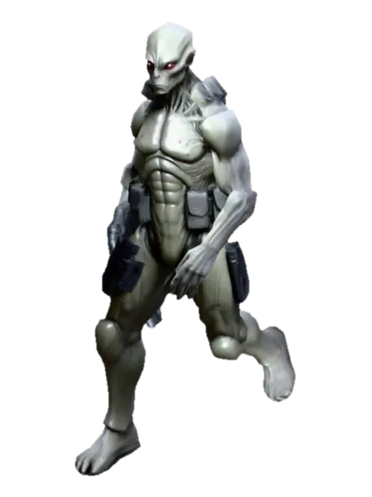 3D model for um alienigena masculino gray; o corpo  robusto, detalhado; veste um uniforme de combate; em A pose;  armado com uma rifle laser mediano  na mão esquerda; as mãos meio distantes do corpo;  estilo ultra realista; arte para jogo de computador mobile