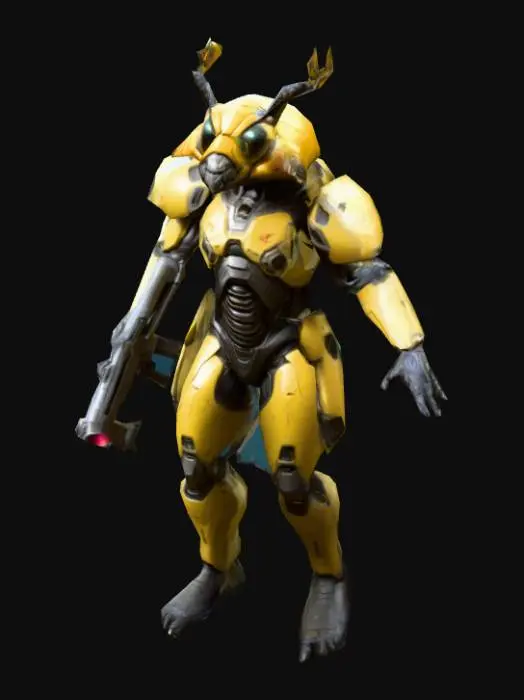 3D model for um comandante alienígena humanóide com cabeça de abelha; corpo detalhado; as mãos meio distantes do corpo; carrega uma rifle de laser de tamanho médio na mão esquerda; em A pose; arte para jogo mobile