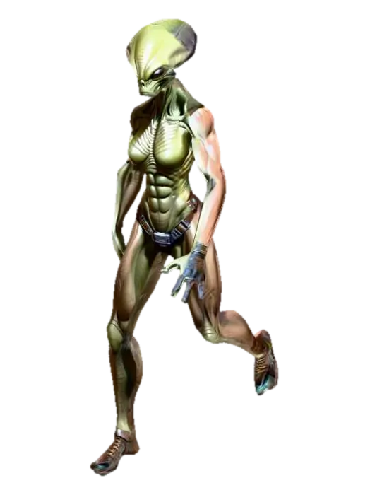 um guerreiro alienígena, corpo robusto, musculoso; carrega uma muchila de couro,… 3D model, vytvořený pomocí AI