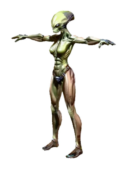 um guerreiro alienígena, corpo robusto, musculoso; carrega uma muchila de couro,… 3D model, vytvořený pomocí AI
