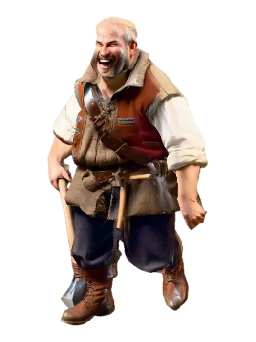 3D model for um trabalhador humano fantasia de um jogo de RPG feudal fantasia, rosto rindo, corpo robusto, vestindo roupas de lã, colete de algodão, usando botas de couro, na mão uma picareta , as mãos distantes do corpo, em pose-A natural, extremamente detalhado
