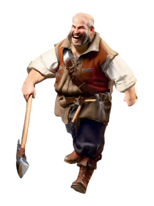 3D model for um trabalhador humano fantasia de um jogo de RPG feudal fantasia, rosto rindo, corpo robusto, vestindo roupas de lã, colete de algodão, usando botas de couro, na mão uma picareta , as mãos distantes do corpo, em pose-A natural, extremamente detalhado