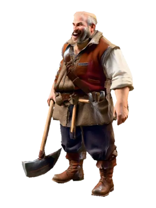 3D model for um trabalhador humano fantasia de um jogo de RPG feudal fantasia, rosto rindo, corpo robusto, vestindo roupas de lã, colete de algodão, usando botas de couro, na mão uma picareta , as mãos distantes do corpo, em pose-A natural, extremamente detalhado