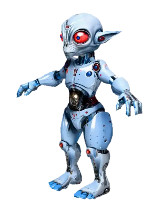 3D model for um robô alienígena cientista, dos anos de 3650,  com olhos vermelhos, corpo em cores cinza e azul, com um cinturão com dispositivos de pesquisa científica, extremamente detalhado