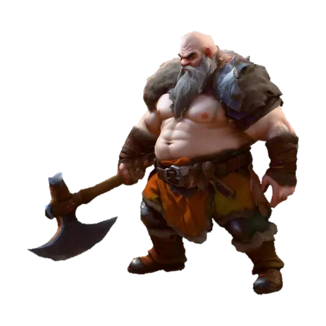 3D model for um anão de batalha fantasia; as mãos meio distantes do corpo; carregando um machado na mão direita; em A pose; arte para jogo mobile