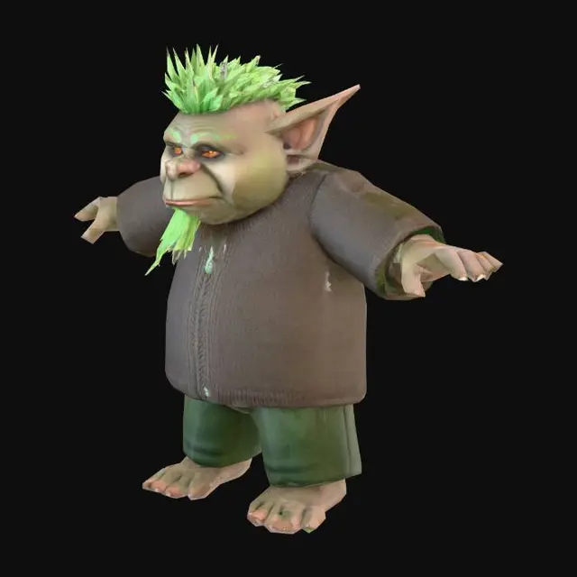 3D model for um trabalhador troll fantasia de jogos RPG magia, vistindo roupas dee lã, extremamente detalhado