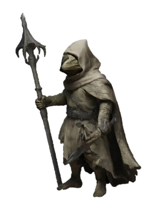 The object depicted is a humanoid figure with a reptilian face, wearing a hooded… - Cloaked 3D model, vytvořený pomocí AI