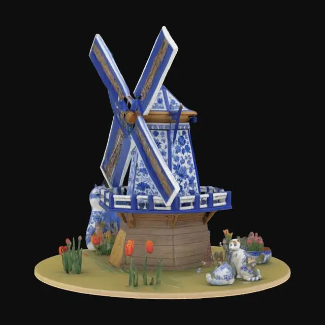 3D model for [Holland]  
Traditional windmill.
Base balcony wrapped in blue‑and‑white Delft‑tile balustrades.
Stylish Dutch courier . A wooden clog.  
Vibrant tulip planter boxes line the scene.
Delft‑porcelain cat naps on a windowsill.
PBR workflow, 4 K textures.  Micro‑crackle glaze normals on Delft tiles, fine wood grain on clog bike, subsurface scatter on tulip petals. early‑morning soft pink sunlight, cool ambient sky‑fill. #AroundTheWorld#